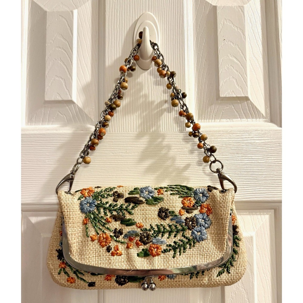 Rafe for Target Straw Floral Embroidered Purse Beaded Chain Kiss Lock Y2K Boho